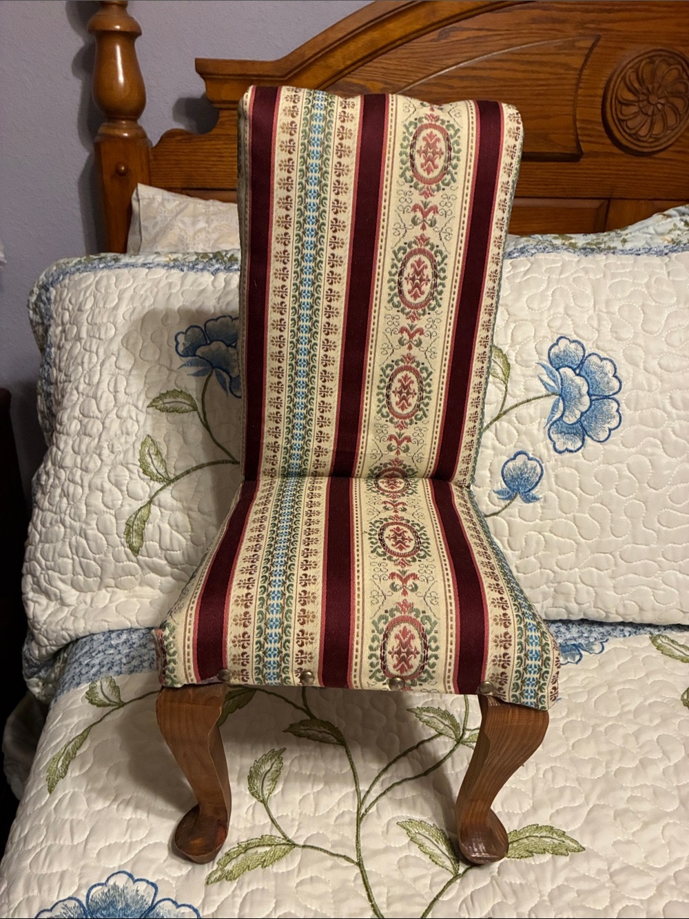 Striped Burgundy and Cream Upholstered Chair for Dolls